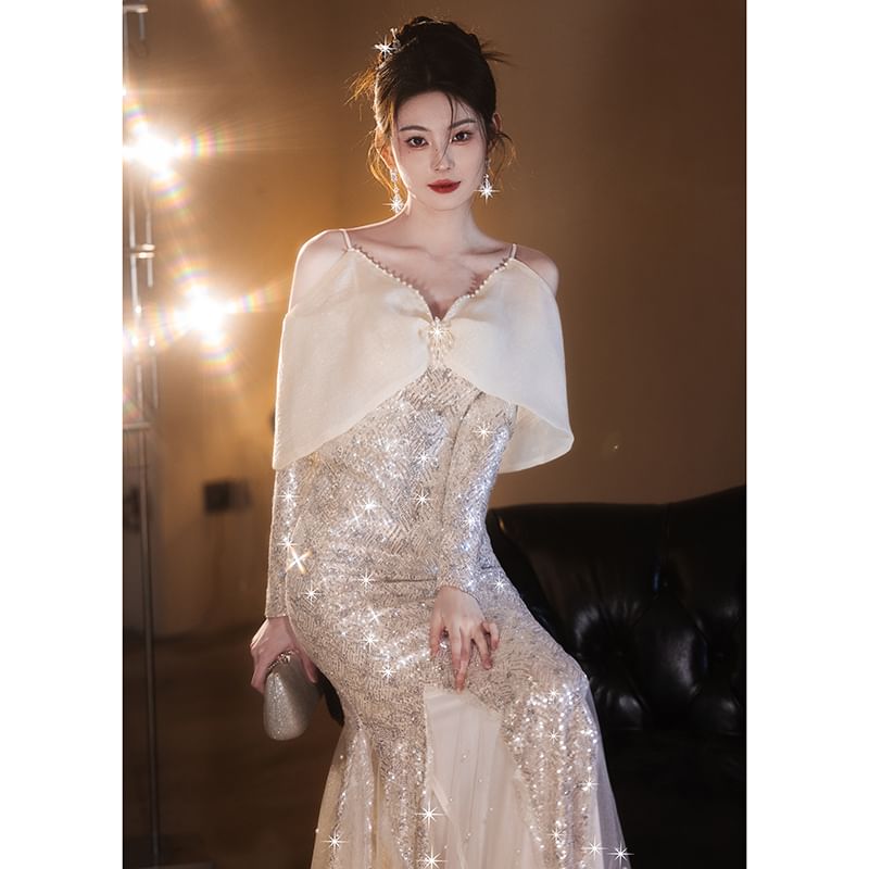 Long-Sleeve Glitter Mermaid Evening Gown