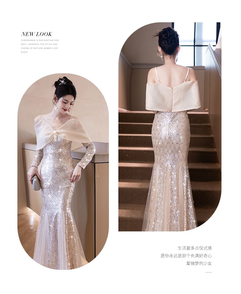 Long-Sleeve Glitter Mermaid Evening Gown