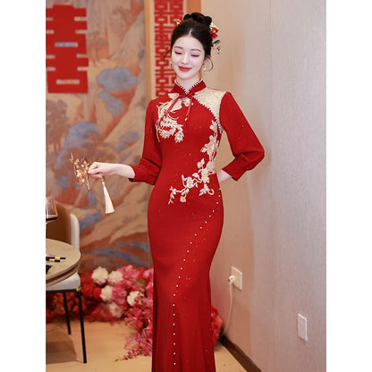 Long-Sleeve Embroidered Traditional Chinese Mermaid Cheongsam