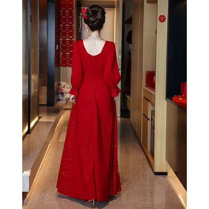 Long-Sleeve Square Neck Embroidered A-Line Evening Gown