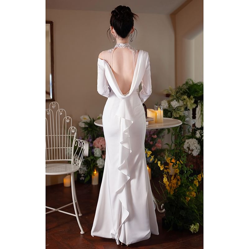 Long-Sleeve Open Back Plain Maxi Mermaid Dress