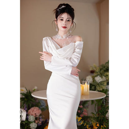 Long-Sleeve Open Back Plain Maxi Mermaid Dress