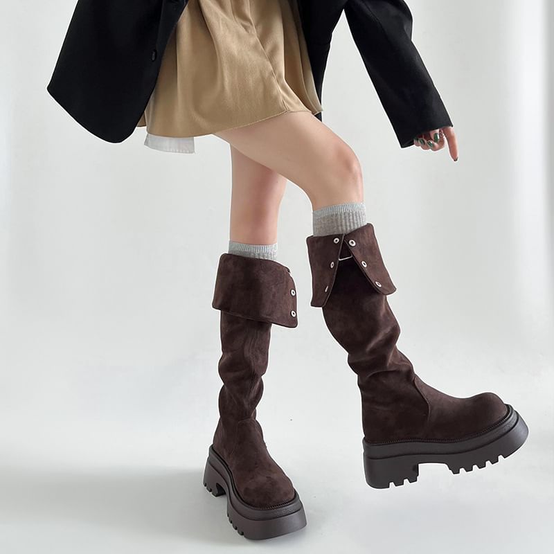Over Buckled Button Faux Suede Platform Boots The Knee