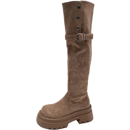 Over Buckled Button Faux Suede Platform Boots The Knee