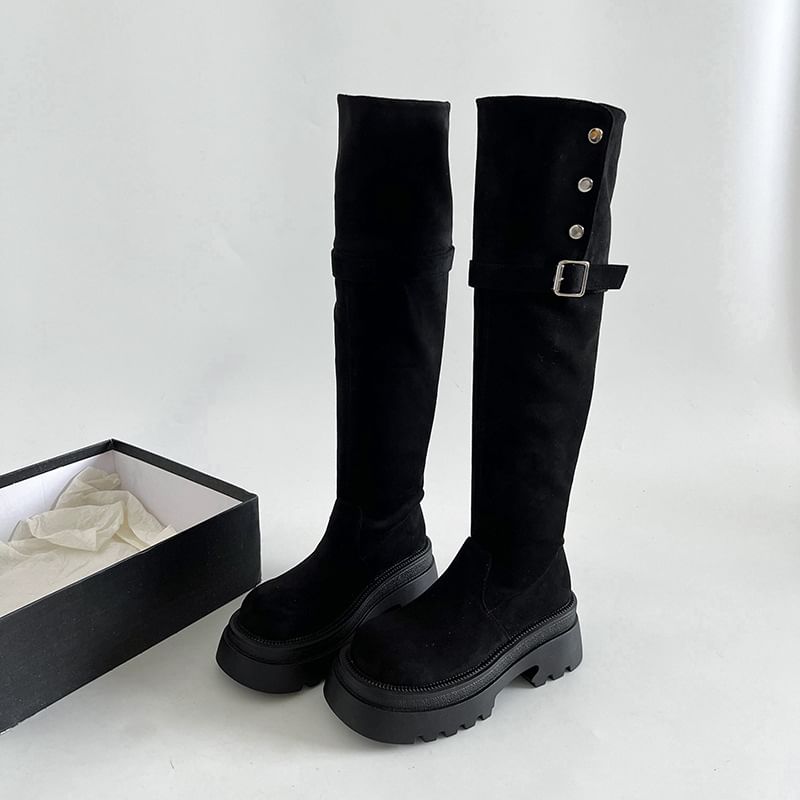 Over Buckled Button Faux Suede Platform Boots The Knee