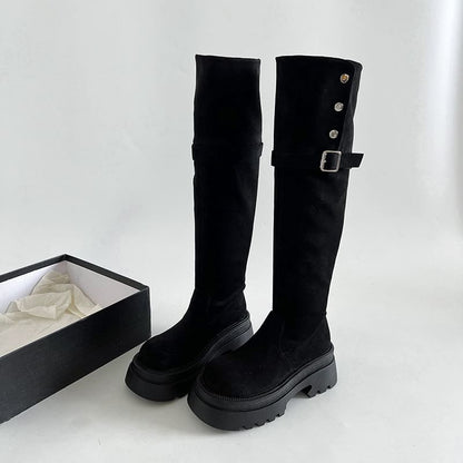 Over Buckled Button Faux Suede Platform Boots The Knee