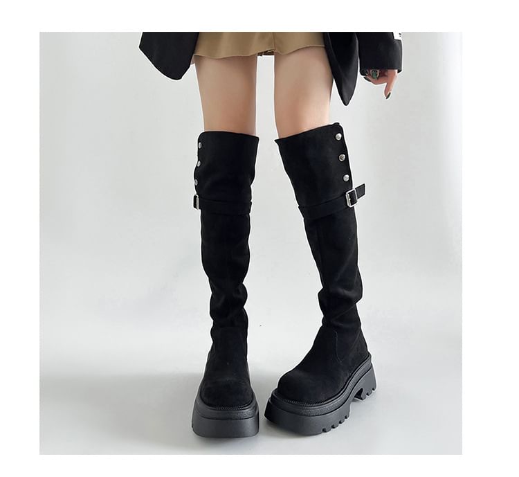 Over Buckled Button Faux Suede Platform Boots The Knee