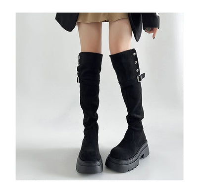 Over Buckled Button Faux Suede Platform Boots The Knee