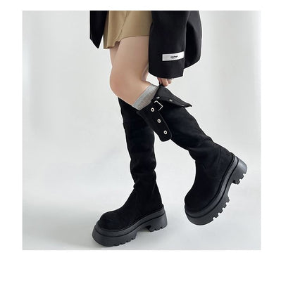 Over Buckled Button Faux Suede Platform Boots The Knee