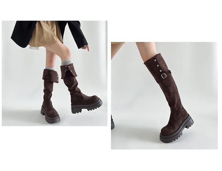 Over Buckled Button Faux Suede Platform Boots The Knee