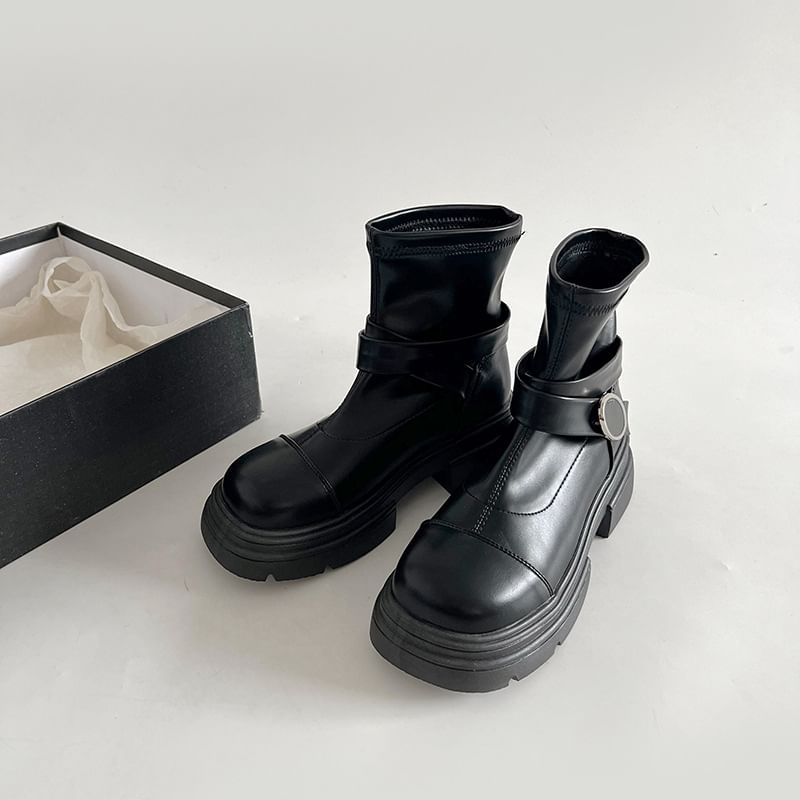 Platform Boots Short Buckled Panel
