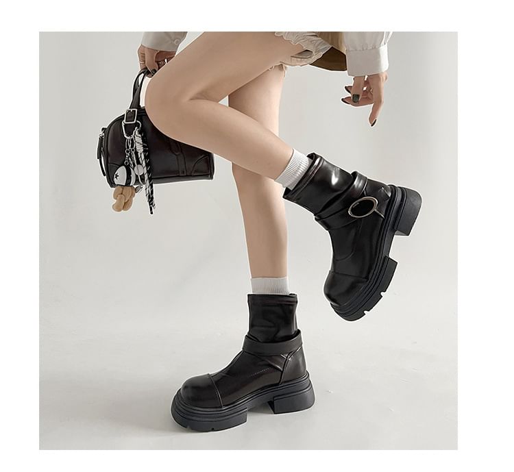 Platform Boots Short Buckled Panel