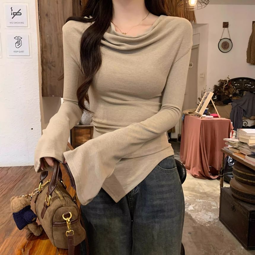 Long Sleeve Cowl Neck Plain Asymmetrical Top