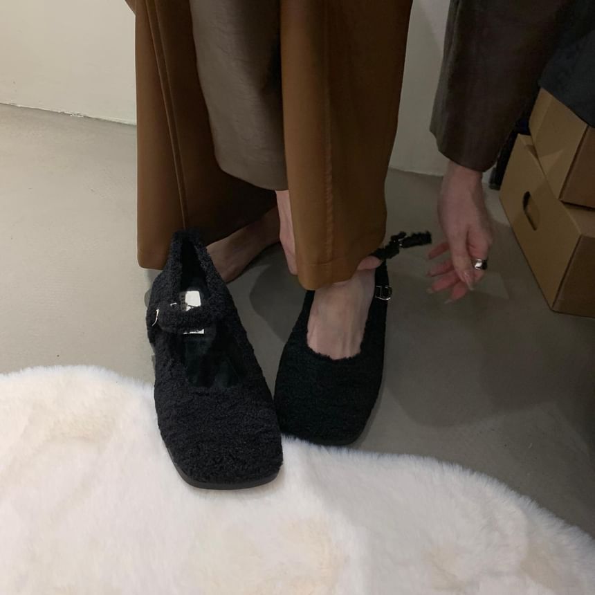 Chunky Heel Square Toe Plain Fleece Mary Jane Pumps