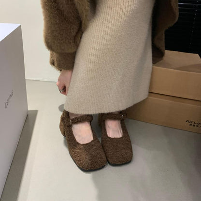 Chunky Heel Square Toe Plain Fleece Mary Jane Pumps