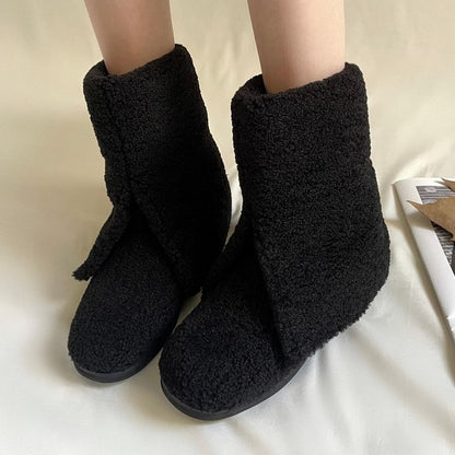 Low Heel Plain Fleece Short Boots