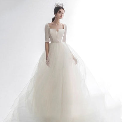 Elbow-Sleeve Square Neck Plain Mesh Panel A-Line Wedding Gown