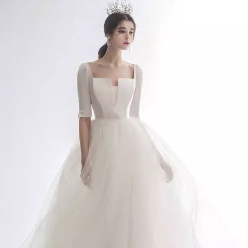 Elbow-Sleeve Square Neck Plain Mesh Panel A-Line Wedding Gown