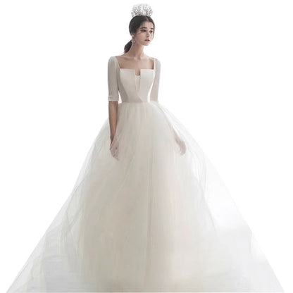 Elbow-Sleeve Square Neck Plain Mesh Panel A-Line Wedding Gown