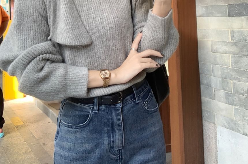 Mock Neck Plain Ribbed Knot Sweater