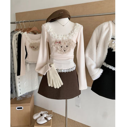 Scoop Patterned Ruffle Sleeve Cartoon Top Panel Neck Long