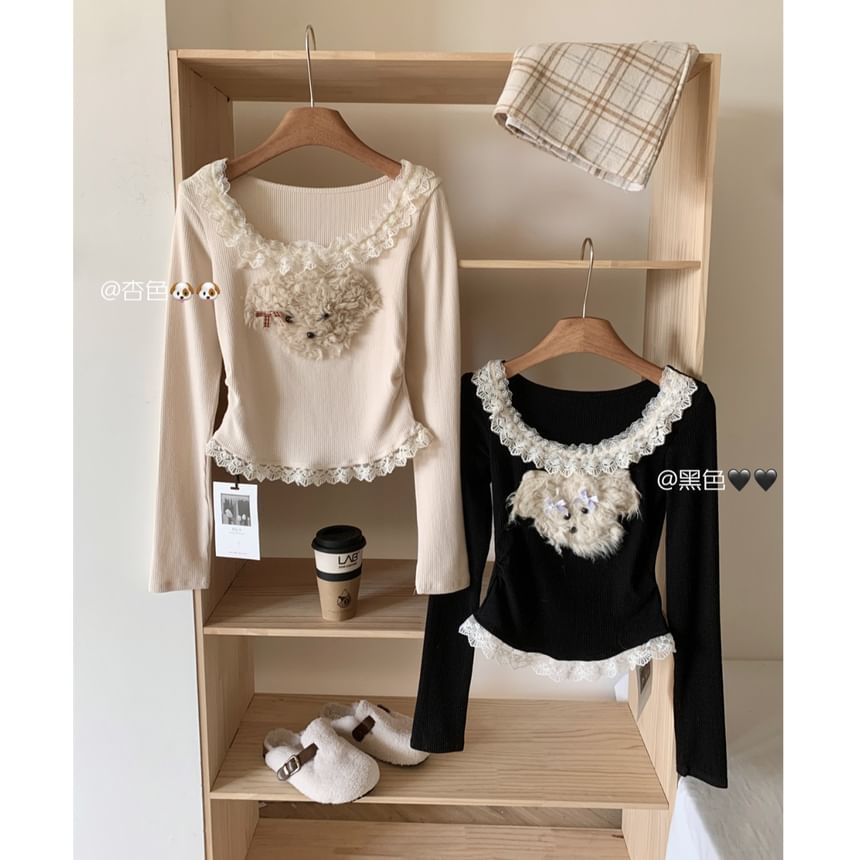 Scoop Patterned Ruffle Sleeve Cartoon Top Panel Neck Long