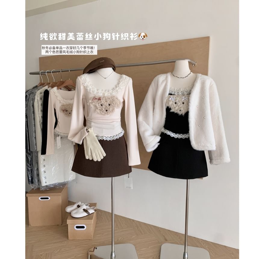 Scoop Patterned Ruffle Sleeve Cartoon Top Panel Neck Long