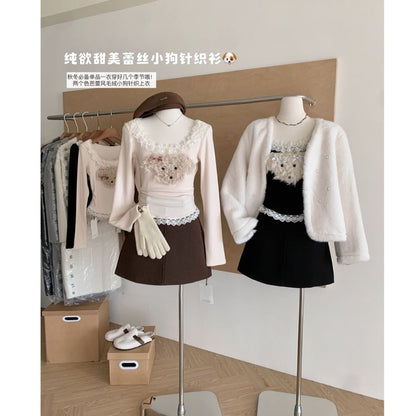 Scoop Patterned Ruffle Sleeve Cartoon Top Panel Neck Long