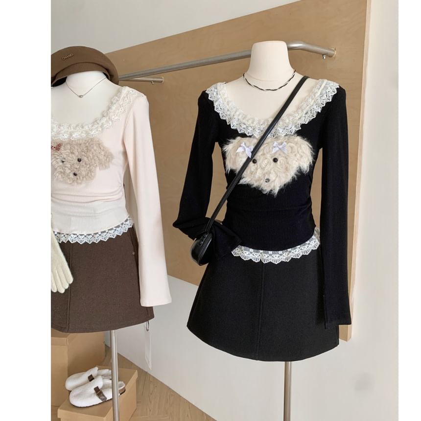 Scoop Patterned Ruffle Sleeve Cartoon Top Panel Neck Long