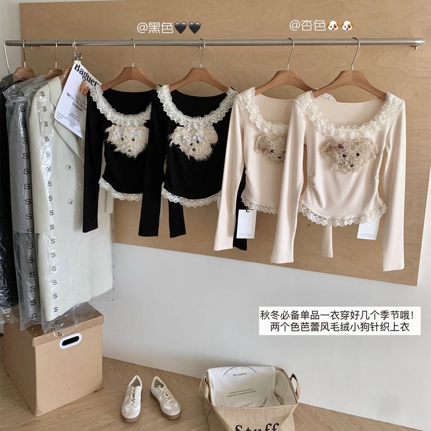 Scoop Patterned Ruffle Sleeve Cartoon Top Panel Neck Long