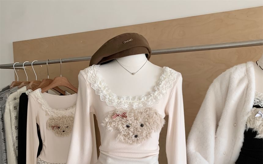 Scoop Patterned Ruffle Sleeve Cartoon Top Panel Neck Long