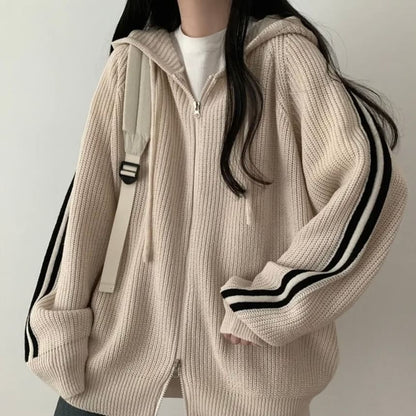 Striped Hooded Oversized Zip Cardigan