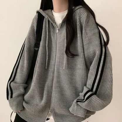 Striped Hooded Oversized Zip Cardigan