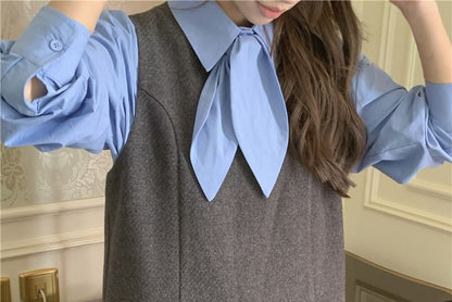 Puff-Sleeve Plain Shirt / Mini Dungaree Dress