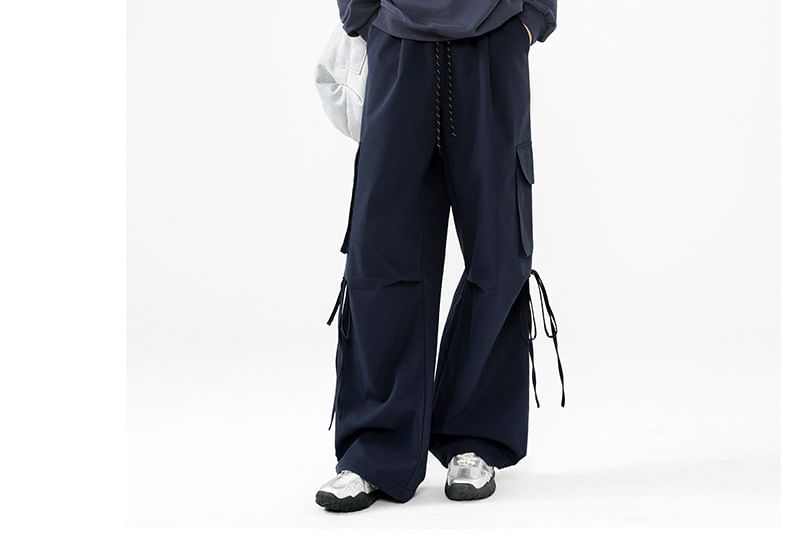 High Rise Plain Pocket Loose-Fit Wide-Leg Cargo Pants