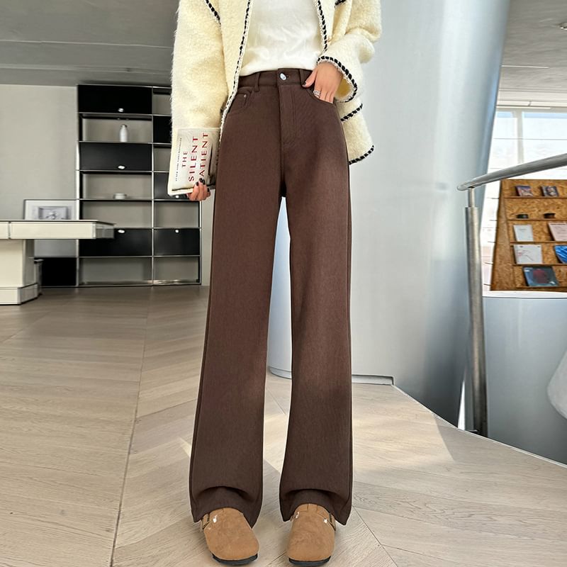 High Rise Plain Pleated Fleece-Lined Corduroy Loose Fit Pants