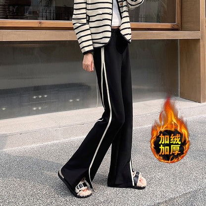 High Waist Striped Slit Fleece-Lined Flared Sweatpants