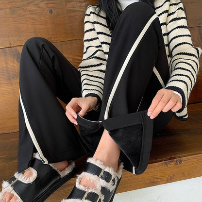 High Waist Striped Slit Fleece-Lined Flared Sweatpants