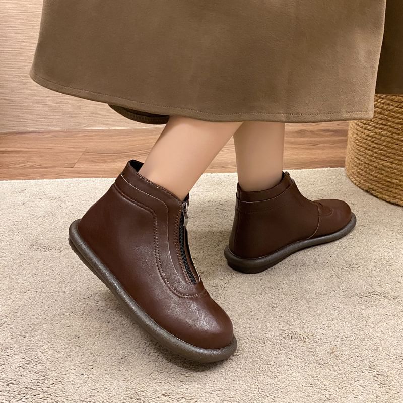 Zip-Up Short Boots Leather Plain Faux