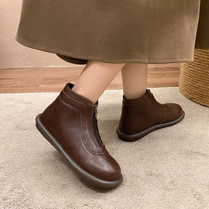 Zip-Up Short Boots Leather Plain Faux