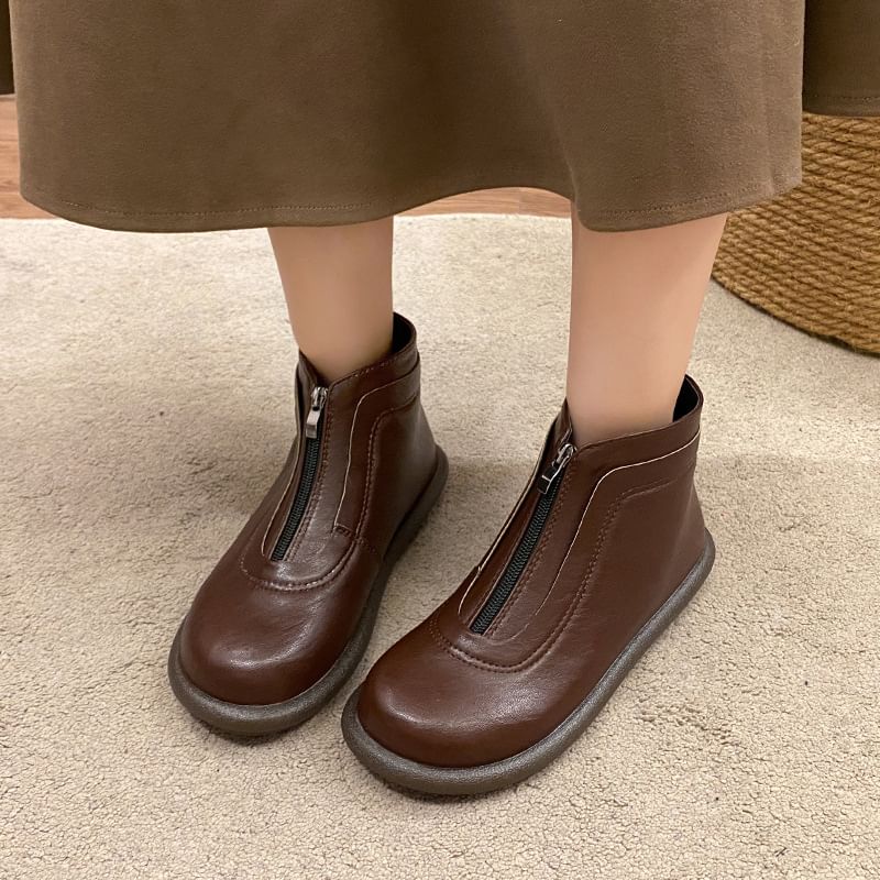 Zip-Up Short Boots Leather Plain Faux