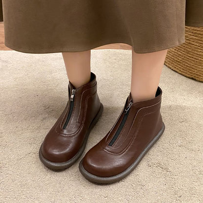 Zip-Up Short Boots Leather Plain Faux