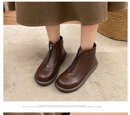 Zip-Up Short Boots Leather Plain Faux