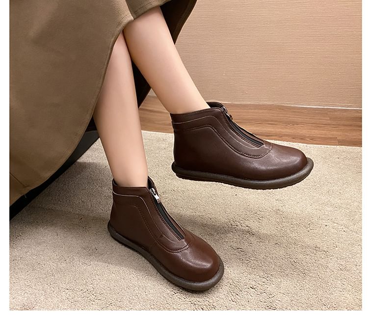 Zip-Up Short Boots Leather Plain Faux