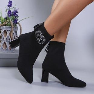 Toe Short Rhinestone Accent Socks Heel Chunky Pointed Boots
