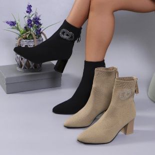 Toe Short Rhinestone Accent Socks Heel Chunky Pointed Boots