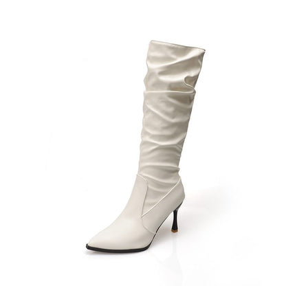 Heel Faux Leather Tall Pointed Toe Plain High Boots