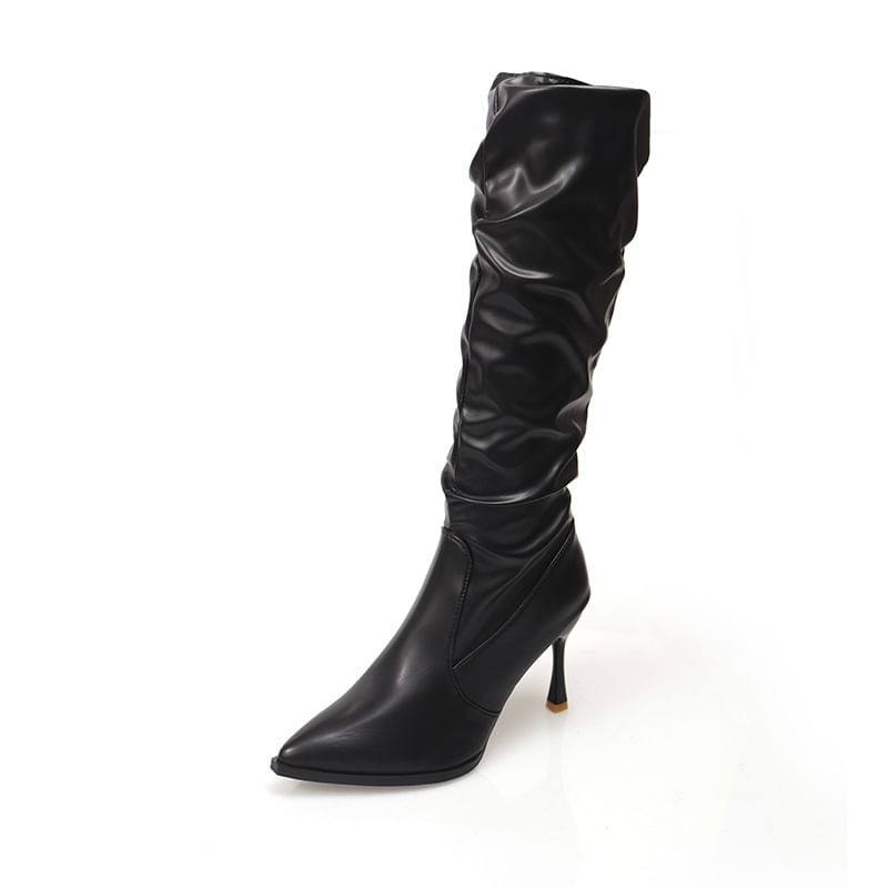 Heel Faux Leather Tall Pointed Toe Plain High Boots