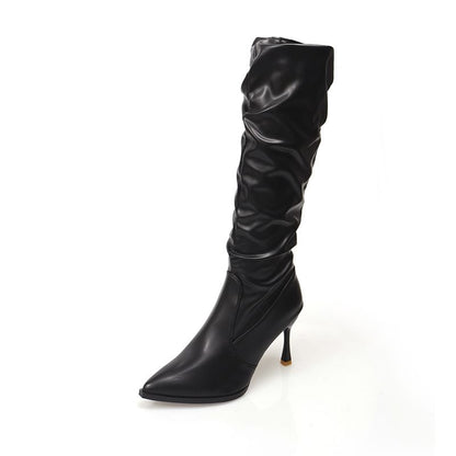 Heel Faux Leather Tall Pointed Toe Plain High Boots