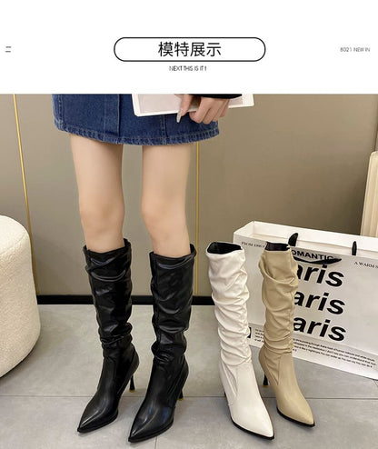 Heel Faux Leather Tall Pointed Toe Plain High Boots